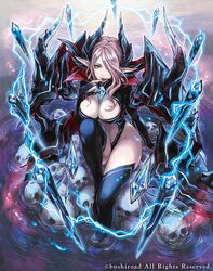  10s armor breasts bushiroad cardfight!!_vanguard cleavage company_name earrings elf female fingernails grey_eyes grey_hair grey_skin hagiya_kaoru hair_over_one_eye jewelry kaoru_hagiya large_breasts licking_finger long_fingernails nail_polish navel official_art pointy_ears shadow_paladin skull skull_witch_nemain smile thighhighs 