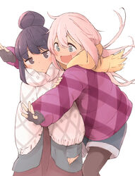  2girls :/ arm_at_side black_gloves black_pantyhose blue_eyes blue_hair blush brown_eyes closed_mouth coat commentary_request fingerless_gloves gloves hair_between_eyes hair_bun head_tilt jitome kagamihara_nadeshiko long_hair long_sleeves looking_at_viewer marukakisuto multiple_girls outstretched_arm pantyhose pink_coat pink_hair scarf shawl shima_rin shorts single_hair_bun standing v-shaped_eyebrows white_background yellow_scarf yurucamp 