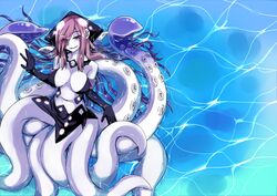  blush breasts cleavage commentary_request elbow_gloves female for-u gloves hair_over_one_eye hat kraken_(monster_girl_encyclopedia) large_breasts long_hair looking_up monster_girl monster_girl_encyclopedia navel pale_skin partially_submerged purple_eyes purple_hair scylla sidelocks smile solo squid suction_cups tentacle 