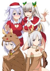  4girls :&lt; airi_arcadia animal_costume animal_ears bell blush brave_witches brown_eyes capelet choker christmas cleavage_cutout clothing_cutout collar commentary_request crossover edytha_rossmann fox_ears fox_girl fox_tail gakusen_toshi_asterisk grey_eyes hair_bell hair_ornament heart_cutout highres long_hair looking_at_viewer multiple_girls neck_bell nose_blush panties pom_pom_(clothes) purple_eyes qualidea_code reindeer_costume saijaku_muhai_no_bahamut sanohiramugi santa_costume short_hair sitting smile tail tenkawa_maihime toudou_kirin trait_connection two_side_up underwear waving white_hair world_witches_series 