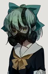  bad_id bad_link bad_twitter_id bow bowtie brown_eyes female gas_mask grey_hair hairbow kantai_collection mask ponytail solo uniform upper_body yarawi yuubari_(kancolle) 