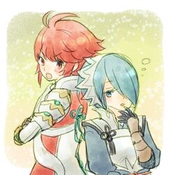  2girls armor blue_eyes blue_hair blush fire_emblem fire_emblem_if gloves hair_over_one_eye hinoka_(fire_emblem_if) multiple_girls open_mouth red_eyes red_hair scarf setsuna_(fire_emblem_if) short_hair 