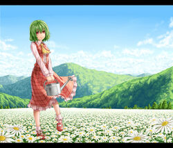  ascot chamomile closed_mouth cloud collared_shirt commentary_request daisy day female field flower flower_field frilled_skirt frills full_body green_hair hair_between_eyes holding holding_watering_can kazami_yuuka landscape letterboxed long_sleeves looking_at_viewer mary_janes mountain nature outdoors pitcher_(container) plaid plaid_skirt plaid_vest red_eyes red_footwear red_skirt red_vest scenery shirt shoes short_hair skirt skirt_set socks solo standing touhou vest wasabichan watering_can white_flower white_shirt white_socks yellow_ascot 