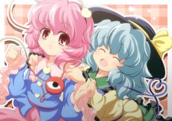  2girls closed_eyes commentary_request green_hair hands_on_shoulders hat komeiji_koishi komeiji_satori multiple_girls nullpooo oerba_yun_fang open_mouth pink_eyes pink_hair siblings sisters smile third_eye touhou 