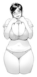  belly blush bra breasts cleavage curvy female highres hikaru_no_go huge_breasts looking_at_viewer milf monochrome navel orushibu panties plump shindou_mitsuko shirt_lift short_hair simple_background smile solo thick_thighs thighs transparent_background underwear white_background wide_hips 