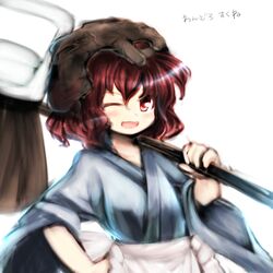  1other androgynous anmita_(rarutos) apron blush hakama hakama_skirt helmet japanese_clothes katano_sukune katano_sukune&#039;s_bottle_opener len&#039;en md5_mismatch one_eye_closed open_mouth other_focus red_eyes red_hair short_hair skirt smile solo weapon 