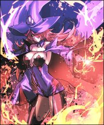  arc_system_works black_sclera blazblue blazblue:_central_fiction breasts cape dress female fire gloves glowing glowing_eyes hair_over_one_eye hat konoe_a_mercury large_breasts long_hair phantom_(blazblue) pink_hair short_dress smile solo thighhighs witch_hat yellow_eyes 