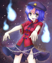  blouse blue_eyes blue_hair chinese_clothes commentary_request female fingernails gradient_background hat hat_ornament hitodama looking_at_viewer mitsucho miyako_yoshika oerba_yun_fang ofuda open_mouth outstretched_arms petals ribbon shirt short_hair skirt solo star_(symbol) star_hat_ornament touhou zombie_pose 