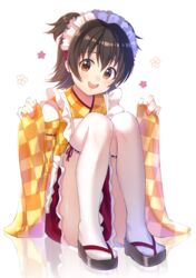  :d akagi_miria apron bad_id bad_pixiv_id bands bare_shoulders black_hair blush brown_eyes checkered_clothes checkered_kimono commentary_request cotrpopor detached_sleeves dot_nose female flower full_body geta idolmaster idolmaster_cinderella_girls japanese_clothes kimono knees_up looking_at_viewer maid maid_headdress open_mouth red_skirt reflection ribbon-trimmed_legwear ribbon_trim round_teeth short_hair sitting skirt sleeves_past_wrists smile solo teeth thighhighs two_side_up wa_maid white_apron white_background white_thighhighs wide_sleeves 