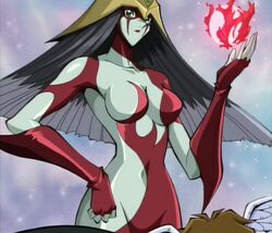  aqua_eyes black_hair breasts burstinatrix duel_monster elemental_hero_burstinatrix female long_hair looking_at_viewer solo yu-gi-oh! yuu-gi-ou_gx 