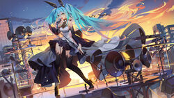  building city clouds dress green_eyes green_hair hatsune_miku lamier long_hair microphone sky tattoo thighhighs twintails vocaloid 