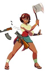  ajna_(indivisible) axe black_eyes brown_hair female gun indivisible looking_at_viewer nedoiko photoshop sandals simple_background slicing solo weapon white_background 