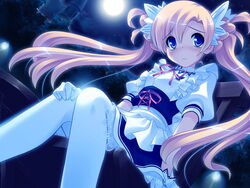  blonde_hair blush chime_milhawks feet_out_of_frame female full_moon game_cg gloves hand_on_own_knee long_hair moon night official_art outdoors photoshop_(medium) primary_~magical_trouble_scramble~ short_sleeves sitting solo thighhighs tsurugi_hagane twintails white_gloves white_thighhighs 