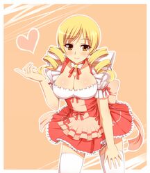  bent_over blonde_hair blush breasts choker cleavage commentary_request cosplay daikuuji_ayu daikuuji_ayu_(cosplay) drill_hair female frills heart highres kimi_ga_nozomu_eien large_breasts mahou_shoujo_madoka_magica mahou_shoujo_madoka_magica_(anime) smile solo surume_(clavis) thighhighs tomoe_mami waitress yellow_eyes 