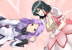  2girls akemi_homura akemi_homura_(cosplay) akemi_homura_(magical_girl) black_hair blush commentary_request cosplay gloves green_eyes kajiki_yumi kaname_madoka kaname_madoka_(cosplay) kaname_madoka_(magical_girl) mahou_shoujo_madoka_magica mahou_shoujo_madoka_magica_(anime) multiple_girls painttool_sai_(medium) purple_hair red_eyes saki_(manga) short_hair touyoko_momoko zanku 