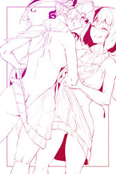  2girls anger_vein ass backless_outfit blush breasts butt_crack dress from_behind halterneck highres hikuma himekaidou_hatate long_hair looking_at_viewer monochrome multiple_girls naked_sweater open-back_dress pointy_ears shameimaru_aya short_hair sideboob smile sweater sweater_dress touhou turtleneck turtleneck_sweater twintails virgin_killer_sweater 