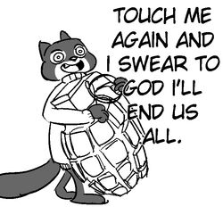  1:1 anthro clothed clothing disney english_text european_polecat explosives grenade insane male mammal monochrome mustelid musteline percy_vison reaction_image replytoanons simple_background solo text true_musteline weapon weasel white_background wide_eyed zootopia 