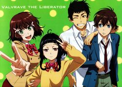  2boys 2girls absurdres green_eyes highres inuzuka_kyuuma kakumeiki_valvrave multiple_boys multiple_girls nobi_marie official_art sashinami_shouko tokishima_haruto v 