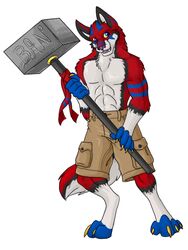  2010 3:4 amocin anthro banhammer bottomwear canid canine canis chase_(character) clothed clothing digital_media_(artwork) fangs fur hammer male mammal open_mouth paws shorts solo tail teeth tools wolf 