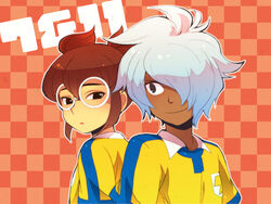  2boys back-to-back bad_id bad_pixiv_id black_eyes brown_hair dark-skinned_male dark_skin glasses hair_over_one_eye hajime_(vasu) hayami_tsurumasa inazuma_eleven_(series) inazuma_eleven_go kurama_norihito multiple_boys smile soccer_uniform sportswear 