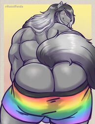  1boy anthro ass ass_ bara_ass bending_over big_ass big_ass_(male) big_butt bubble_ass bubble_butt butt_crack dat_ass dumptruck_ass dumptruck_butt fat_ass fat_butt furry gradient_background grey_body grey_fur huge_ass huge_butt hunnipanda long_hair looking_at_viewer looking_back male male_only muscular muscular_ass muscular_butt muscular_male orange_background orange_eyes pants_pulled_down plump_ass plump_butt rainbow_clothing round_ass round_butt smile smiling tail thick_ass thick_butt topless watermark wolf yellow_background 