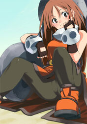  aiba-tsukiko anchor boots brown_eyes brown_hair commentary_request female fingerless_gloves gloves guilty_gear may_(guilty_gear) orange_shirt pantyhose photoshop_(medium) shirt sitting solo 