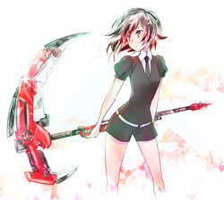  black_hair black_necktie black_shirt black_shorts commentary crescent_rose cropped_legs female gem_uniform_(houseki_no_kuni) goshenite_(houseki_no_kuni) hayami_saori highres holding holding_weapon houseki_no_kuni iesupa legs_apart looking_to_the_side necktie parody puffy_short_sleeves puffy_sleeves red_eyes red_hair ruby_rose rwby scythe shirt short_hair short_shorts short_sleeves shorts simple_background solo standing voice_actor_connection weapon white_background 