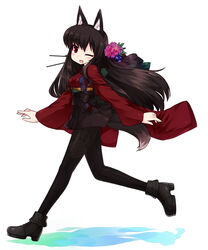  animal_ears black_hair black_hakama black_pantyhose boots commentary_request female flower full_body hair_flower hair_ornament hairpin hakama hakama_short_skirt hakama_skirt highres japanese_clothes kimono ktsecond long_hair one_eye_closed original pantyhose print_pantyhose red_eyes skirt smile solo tail wolf_ears wolf_tail 