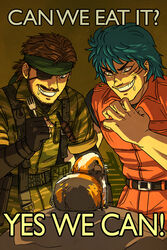  2boys belt blue_hair brown_hair commentary_request crossover drooling english_text eyepatch feriowind fingerless_gloves fork gloves grin guinea_pig headband knife load_bearing_equipment male_focus metal_gear_(series) metal_gear_solid metal_gear_solid_3:_snake_eater multiple_boys naked_snake photoshop_(medium) rape_face saliva smile stabo_harness toriko toriko_(series) 