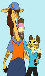  anthro briskby closed_eyes clothed clothing desmond_(zootopia_fan_character) dessert digit_ring disney duo fan_character felid female food furgonomics giraffe giraffid hat headgear headwear hi_res horn husband_and_wife ice_cream ice_cream_cone jaguar jewelry long_tongue looking_up male mammal married_couple molly_(zootopia_fan_character) ossicone pantherine ring safety_vest simple_background size_difference smile tongue topwear uniform vest wedding_ring zootopia 