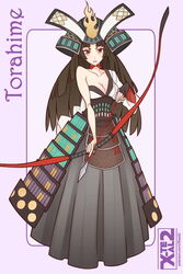  armor arrow_(projectile) artist_name black_hair bow_(weapon) breasts character_name cleavage female full_body hadanugi_dousa helmet japanese_armor japanese_clothes kabuto_(helmet) kimono large_breasts long_hair long_skirt looking_at_viewer oboro_muramasa open_clothes open_kimono skirt solo torahime weapon x-t3al 