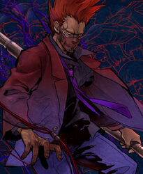  1boy broom commentary_request dorohedoro en_(dorohedoro) formal kan_t male_focus mask mushroom necktie no_eyebrows red_eyes red_hair shirt solo suit teeth tuxedo 