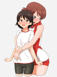  2girls arm_grab bike_shorts black_shorts blush brown_eyes brown_hair commentary_request cowboy_shot cropped_legs girls_und_panzer grey_background groin gym_shirt gym_uniform highres hug hug_from_behind isobe_noriko kawanishi_shinobu looking_at_viewer looking_to_the_side multiple_girls open_mouth red_shirt red_shorts shirt short_hair short_ponytail short_shorts short_sleeves shorts sleeveless sleeveless_shirt sportswear standing sweatdrop swept_bangs t-shirt uasi volleyball_uniform wavy_mouth white_shirt yuri 