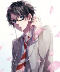  1boy arima_kousei black_hair blue_eyes cherry_blossoms commentary_request earphones glasses male_focus petals school_uniform shigatsu_wa_kimi_no_uso single_earphone_removed solo tsuyuki_(oudan_chitsujo_xxx) 