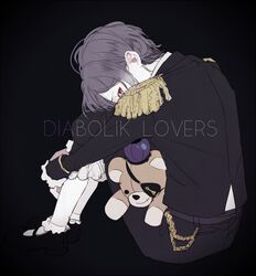  black_background capri_pants copyright_name covered_mouth crown diabolik_lovers eyepatch frills full_body gradient gradient_background head_rest knees_up looking_at_viewer male_focus mary_janes norita_(noritttta) pants purple_hair raised_eyebrows red_eyes sakamaki_kanato simple_background sitting solo stuffed_animal stuffed_toy teddy_(diabolik_lovers) teddy_bear 