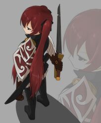  armor belt black_eyes boots female fire_emblem fire_emblem_if gloves long_hair luna_(fire_emblem_if) red_hair twintails weapon 