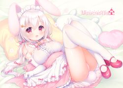  :d animal_ears apron ass bed_sheet blush bow breasts brown_hair center_frills cherry_blossoms commentary_request crossed_legs elbow_gloves female frilled_apron frills gloves hair_between_eyes hairbow heart heart-shaped_pillow large_breasts low_twintails lying maid maid_headdress mary_janes on_back open_mouth original panties pillow pink_bow pink_footwear pink_panties pink_skirt rabbit-shaped_pillow rabbit_ears rabbit_girl rabbit_tail shirt shoes side-tie_panties skirt smile solo tail thighhighs twintails underwear usashiro_mani waist_apron white_apron white_gloves white_hair white_shirt white_thighhighs 