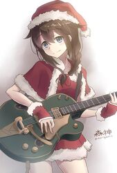  blue_eyes braid brown_hair commentary_request electric_guitar female gloves gretsch_6120 guitar hair_flaps hair_over_shoulder hat instrument kantai_collection looking_away morigami_(morigami_no_yashiro) red_gloves santa_costume santa_hat shigure_(kancolle) shigure_kai_ni_(kancolle) single_braid solo whammy_bar 