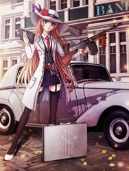  bad_id bad_pixiv_id black_skirt black_thighhighs black_vest blonde_hair blue_eyes blunt_bangs book briefcase building car closed_mouth collared_shirt ddr_qing drum_magazine feathers female finger_on_trigger flower full_body garter_straps gun handgun hat hat_feather hat_flower holding holding_book holding_gun holding_weapon holster jacket long_hair long_sleeves looking_at_viewer mafia magazine_(weapon) miniskirt motor_vehicle necktie original outdoors pencil_skirt photoshop_(medium) red_flower red_necktie red_rose rose shadow shirt sidelocks skirt solo standing striped_necktie submachine_gun thighhighs thompson_submachine_gun very_long_hair vest vintage_car weapon white_footwear white_hat white_jacket white_shirt 