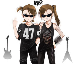  2girls band_shirt bracelet censored censored_gesture chains clothes_writing commentary_request cosplay electric_guitar fender_stratocaster futami_ami futami_mami gibson_flying_v grin guitar hand_on_shoulder heavy_metal idolmaster idolmaster_(classic) instrument jeff_hanneman jeff_hanneman_(cosplay) jewelry kaiga kerry_king kerry_king_(cosplay) las_vegas_raiders long_hair merchandise middle_finger mosaic_censoring multiple_girls national_football_league photoshop_(medium) short_hair siblings side_ponytail sisters skull slayer_(band) smile spiked_bracelet spikes sunglasses tank_top twins 