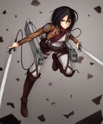  black_eyes black_hair boots commentary_request dual_wielding emblem female highres holding jacket mikasa_ackerman paradis_military_uniform photoshop_(medium) scarf shingeki_no_kyojin short_hair solo sword thigh_strap three-dimensional_maneuver_gear training_corps_(emblem) weapon willgoon 