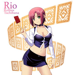  breasts card choker cleavage collar commentary_request crop_top croupier female floating_card k-kun large_breasts midriff miniskirt navel pencil_skirt photoshop_(medium) pink_hair rio_-rainbow_gate!- rio_rollins short_hair skirt smile solo super_blackjack 