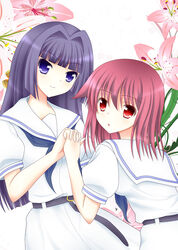  2girls blue_eyes blue_hair blush commentary_request floral_background flower hirose_sumire holding_hands interlocked_fingers lily_(flower) long_hair miyanaga_teru multiple_girls photoshop_(medium) pink_flower raikkonen713 red_eyes red_hair saki_(manga) school_uniform shiraitodai_school_uniform short_hair smile 