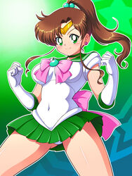  back_bow bishoujo_senshi_sailor_moon bow brown_hair choker commentary_request covered_navel elbow_gloves female gloves green_choker green_eyes green_sailor_collar green_skirt kino_makoto long_hair magical_girl photoshop_(medium) pink_bow ponytail sailor_collar sailor_jupiter sailor_senshi_uniform skirt solo tanuki_yousuke tiara white_gloves 