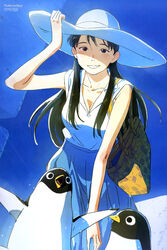  absurdres arai_youjirou bag bird black_eyes black_hair blue_skirt blush breasts cleavage collarbone day female grin hand_on_headwear hat highres long_hair looking_at_viewer medium_breasts newtype official_art onee-san_(penguin_highway) penguin penguin_highway scan shoulder_bag skirt sky smile sun_hat sweat 