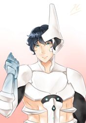  1boy armor black_hair blue_eyes bodysuit equinox_(warframe) horn maboroshi_kirin male_focus smile solo warframe 