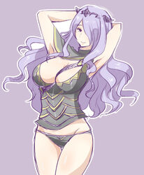  armor breasts camilla_(fire_emblem_if) cleavage female fire_emblem fire_emblem_if hair_ornament hair_over_one_eye long_hair panties purple_background purple_eyes purple_hair shougayaki_(kabayaki_3) simple_background smile underwear 