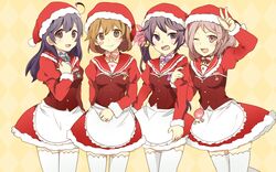  4girls akebono_(kancolle) alternate_costume apron bad_id bad_pixiv_id bell black_hair blue_hair brown_eyes brown_hair christmas flower grey_eyes grey_hair hair_bell hair_bobbles hair_flower hair_ornament hand_on_own_chest hat jingle_bell kantai_collection long_hair multiple_girls oboro_(kancolle) pink_hair pomuta_(tama922) purple_hair santa_costume santa_hat sazanami_(kancolle) short_hair side_ponytail thighhighs twintails ushio_(kancolle) v 