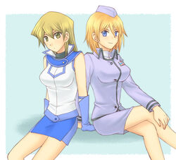  2girls blonde_hair blue_eyes breasts commentary_request gloves hat medium_breasts multiple_girls oz_(3103oz) reggie_mackenzie school_uniform short_hair skirt smile tenjouin_asuka yellow_eyes yu-gi-oh! yu-gi-oh!_gx 