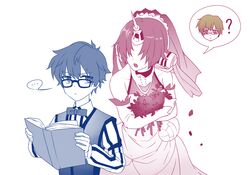  2boys bare_shoulders berserker_of_black book breasts caster_(fate/extra_ccc) caules_forvedge_yggdmillennia detached_sleeves dress fate/apocrypha fate/extra fate/extra_ccc fate/grand_order fate_(series) female flower glasses hair_ornament horns monochrome multiple_boys open_mouth short_hair veil vest 